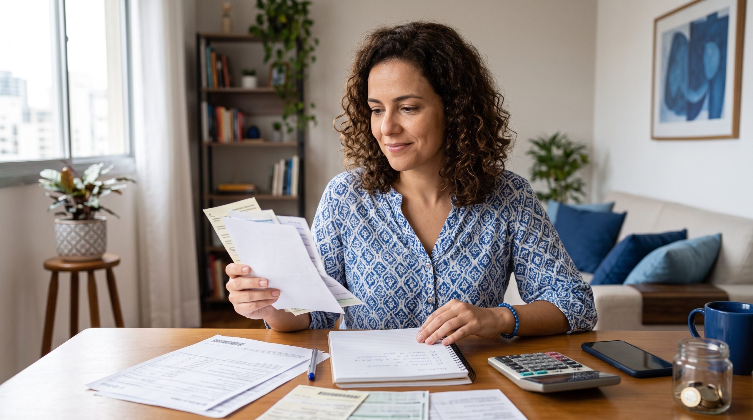 Mulher organizando contas e planejando as finanças em casa